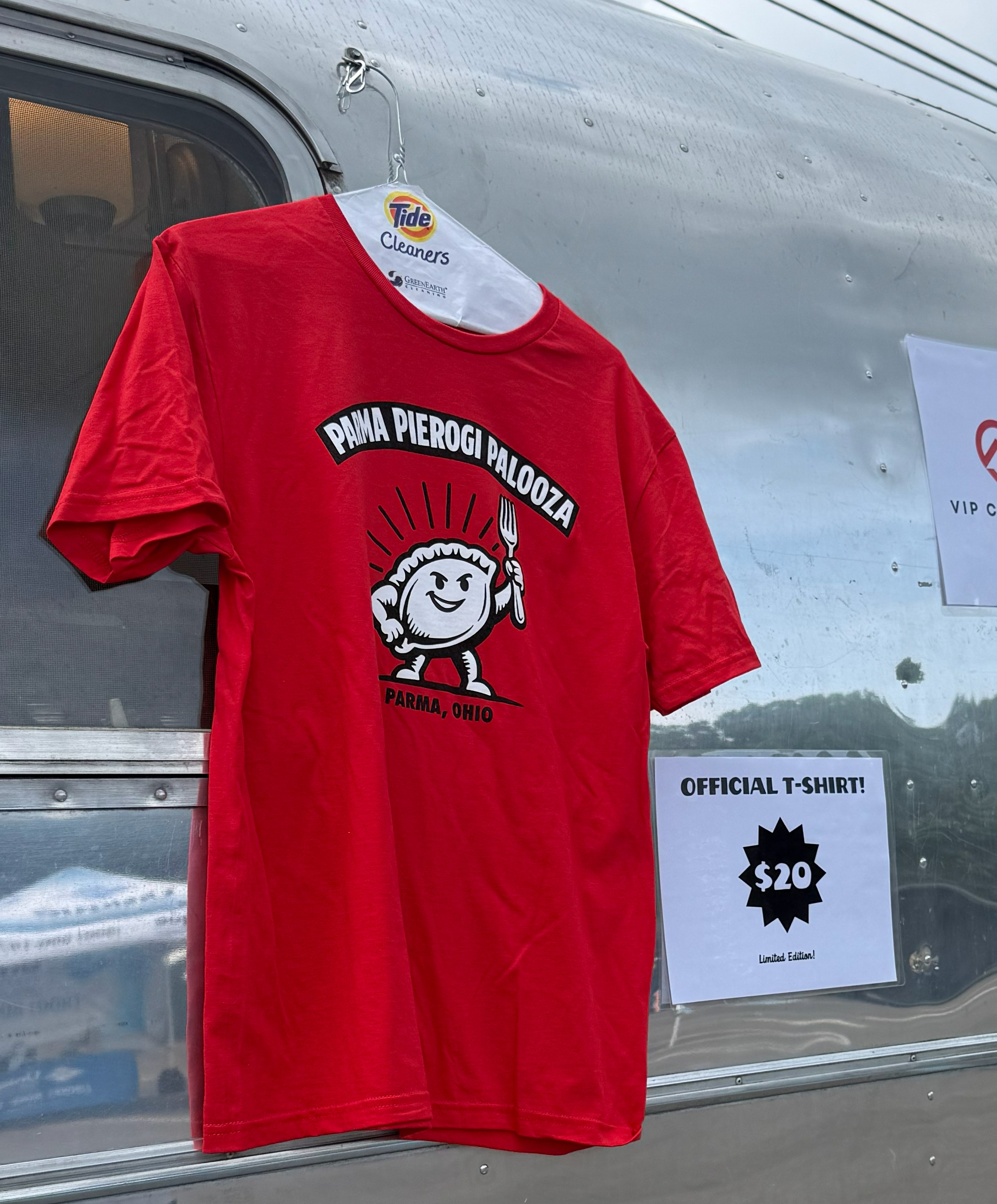Red official Parma Pierogi Palooza T-shirt featuring the smiling pierogi mascot